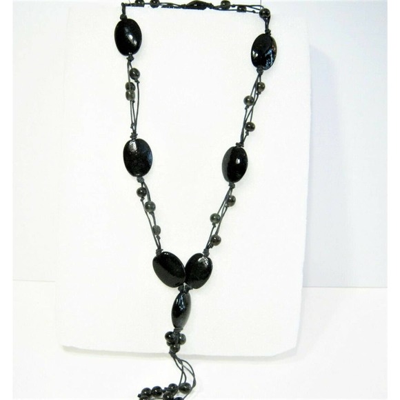 Black Agate beaded Corded Casual style Hippie BOHO Tassel Drop Necklace- 24 inch - Picture 3 of 4